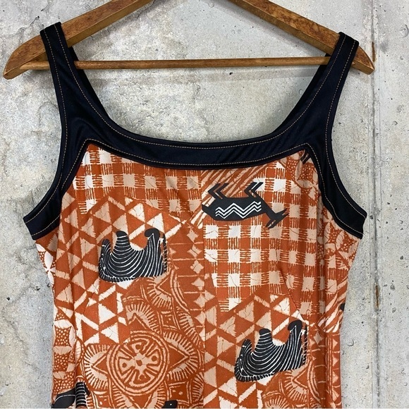 Vintage 80s burnt orange beige black zoo animal tribal maxi dress set medium - Picture 6 of 9